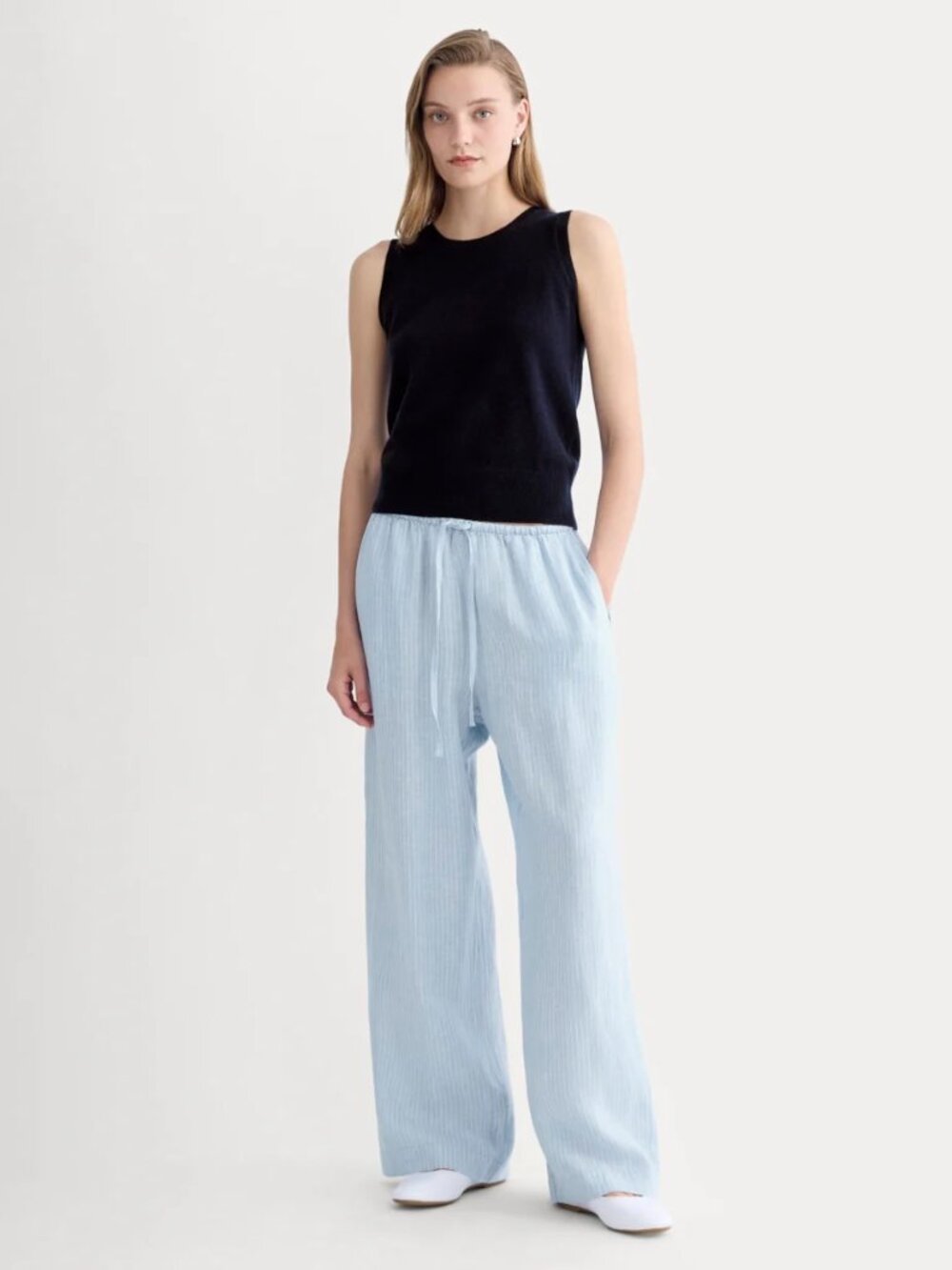 Everlane Linen Drawstring Pant in Blue and White stripe